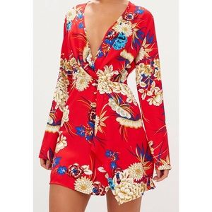 PrettyLittleThing || Red Floral Long Sleeve Dress